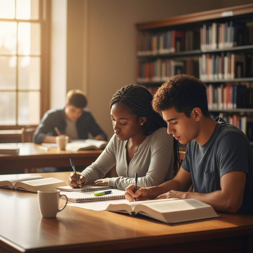 Student studying at a desk in warm lighting
